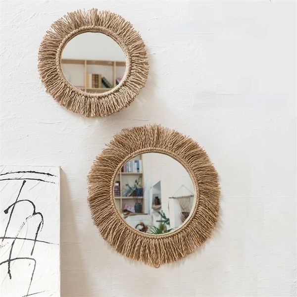 Macrame parede espelho conjunto retro artesanal redondo tapeçaria tecido homestay para sala de estar decoração café boho decor 220301