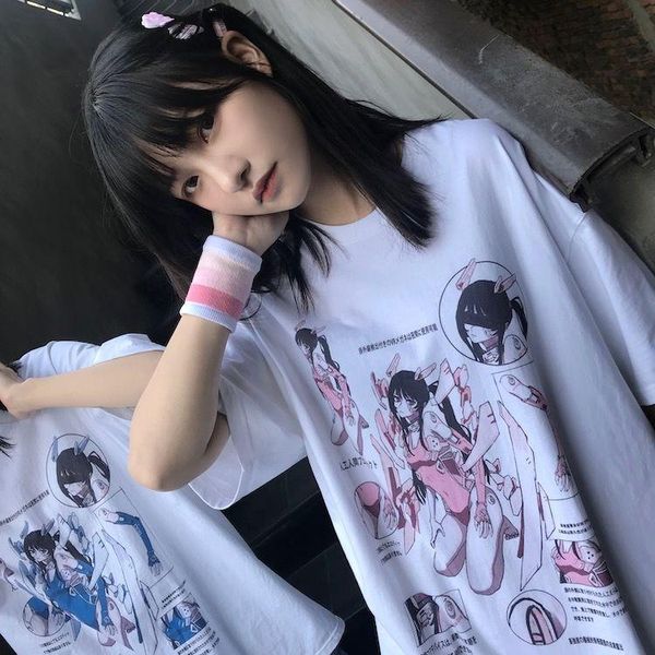 

women's t-shirt gothic cartoon print shirts woman summer cute anime short sleeve graphic oversize harajuku casual loose tee top, White