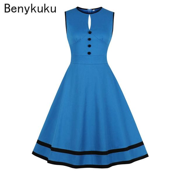 

casual dresses cotton cut out button front rockabilly vintage 50s 2021 blue sleeveless high waist slim dress women clothing robe femme, Black;gray