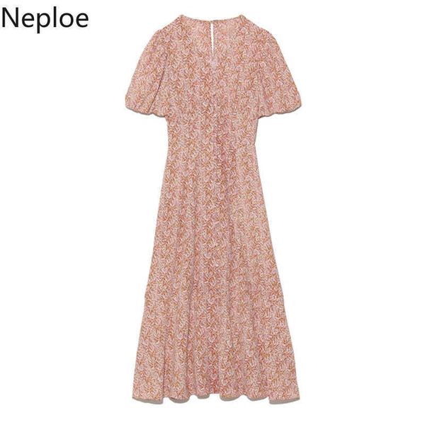 

neploe french print holiday long dress women high waist hip a line slim vestidos summer 2021 new puff short sleeve robe c0607, Black;gray