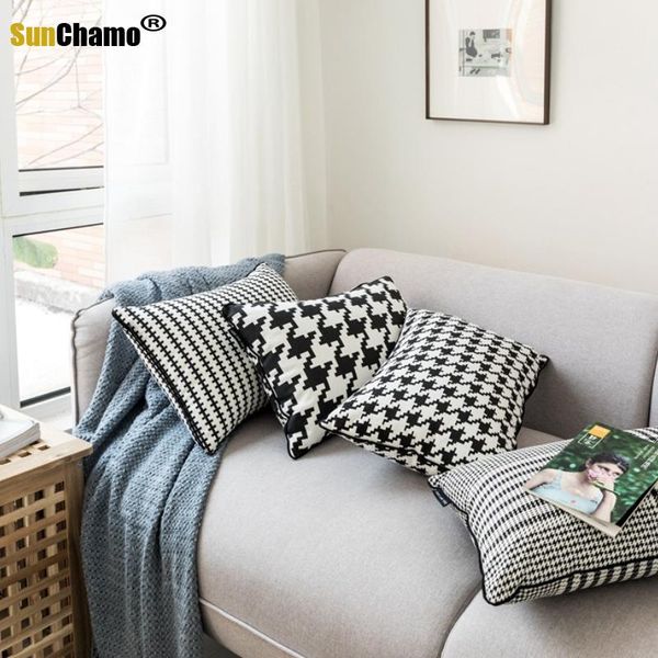 

cushion/decorative pillow white black cotton canvas cover geometric houndstooth home decorative cushion throw case 45x45cm/35x55cm