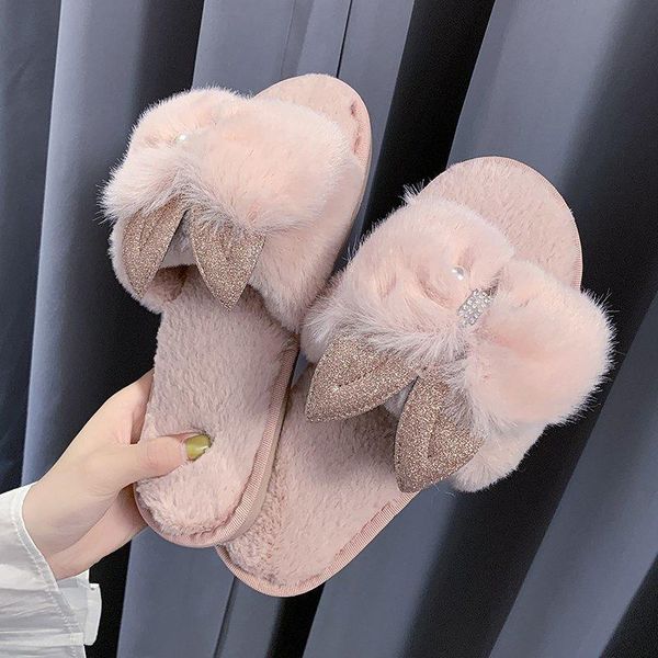 

round bead ears rosette fur warm slippers slides ladies flats shoes slip on bow-knot home furry cute woman 5, Black
