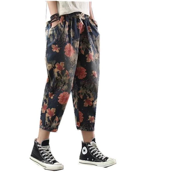 

women's pants & capris 2021 trend flower printing vintage harem trousers with loose waist jeans camoflage denim a0b2z40, Black;white