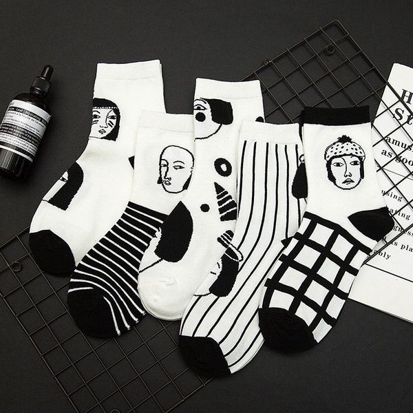 

men's socks black and white cotton colorful flower hip-hop street skateboard fashion spring