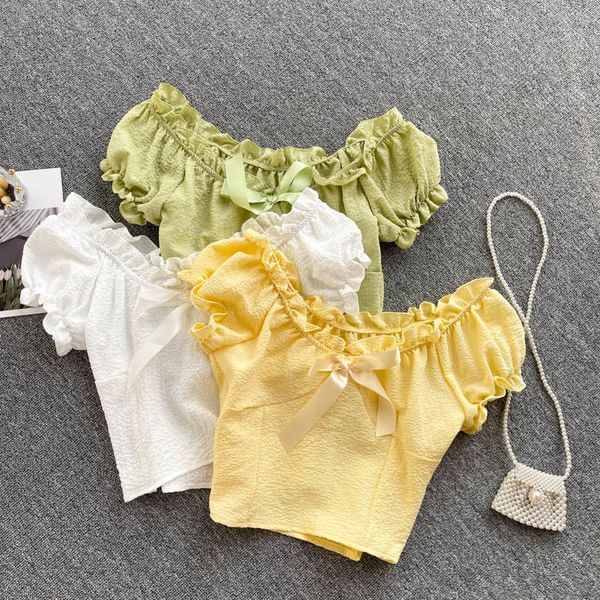 

women's jumpsuits & rompers summer sweet crop korean fashion women bowknot edible tree fungus puff short sleeve slim fit cute, Black;white