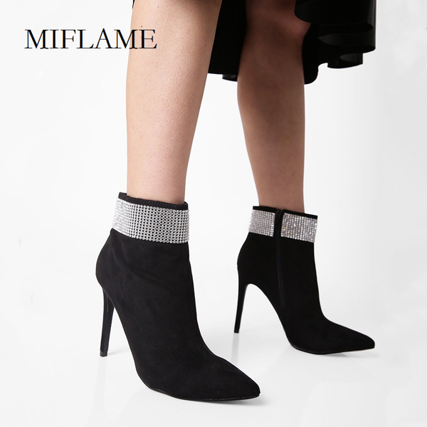 

boots fashion pointed toe women studded diamond ankle stiletto winter side zipper concise flock party thin heels shoes, Black