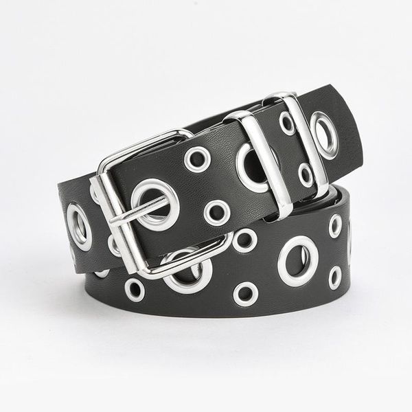 

belts punk hollow eyelet belt women men fashion pin buckle female dress jeans brand design waistband 2021, Black;brown