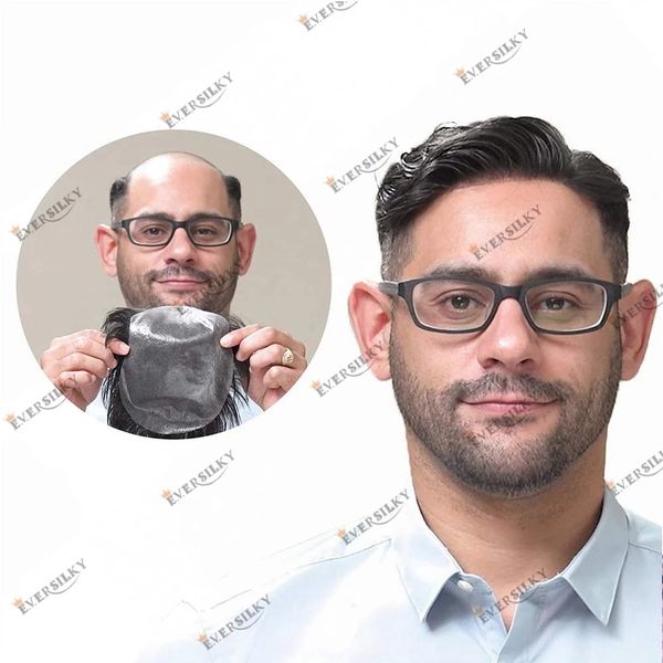 

100% remy human hair v-looped super thin skin transparent pu base men's toupee 6inches 120 density replacement, Black
