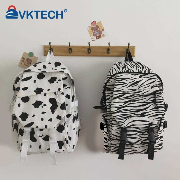 

preppy style women fashion canvas cow zebra pattern printing backpack students schoolbag handbags large capacity knapsacks y0804