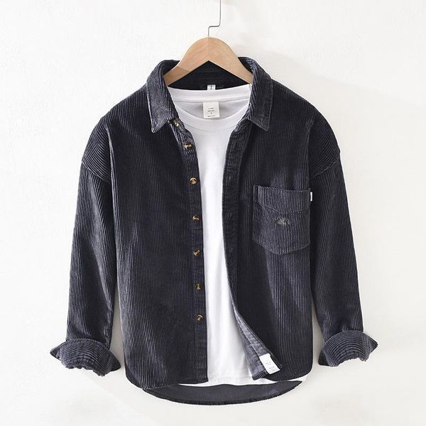 

men's casual shirts men clothing 2021 fall corduroy long sleeve shirt japanese retro lapel embroidered cotton camisas para hombre, White;black