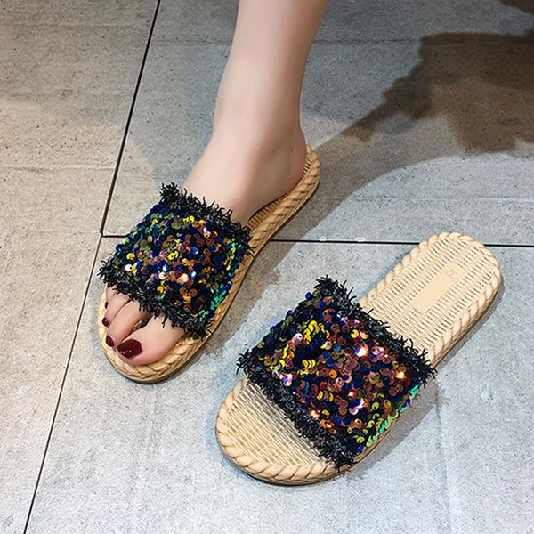 

web celebrity slippers woman fire 2021 sequins sandals joker character beach out antiskid fairy wind in summer, Black