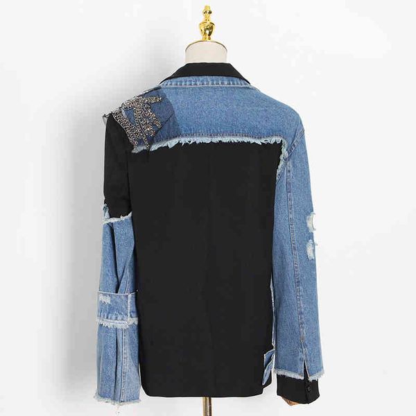 

casual irregular patchwork diamond jacket for women lapel long sleeve denim jackets female fashion clothing, Black;brown