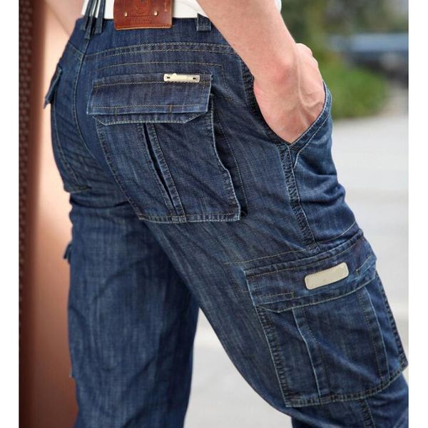 

men's jeans loose straight pants with pocket jeans fashion casual men's bottoms, Blue