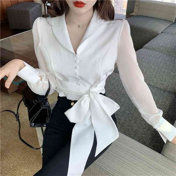 Весна элегантный шифон лук блузки женщины корейский стиль белый поворот вниз воротник рубашки OL Office носить работа шикарные вершины женские 210519