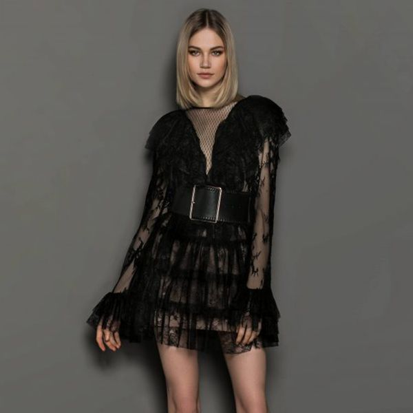 

female spring sleeve black-white bow strap attached lady fashion party dress, Black;gray