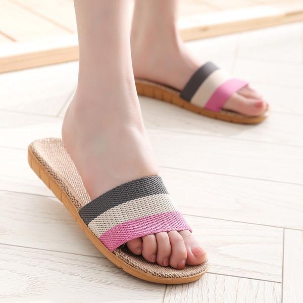 

slippers 2021 stripes home women's fashion slip on slides indoor shoes linen women three-color flip flops shoes#0716, Black