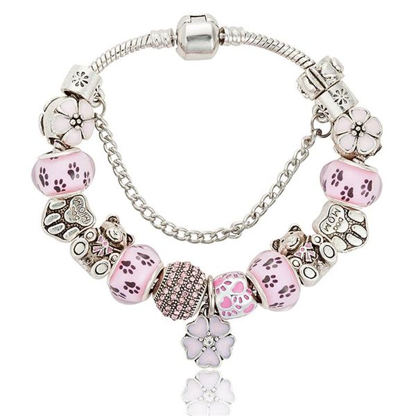 Bracelets de charme 2021 Moda Pingente de flores coloridas de prata FOOD BRACELE DE PAND CARTO com contas de chamilia rosa para mulheres