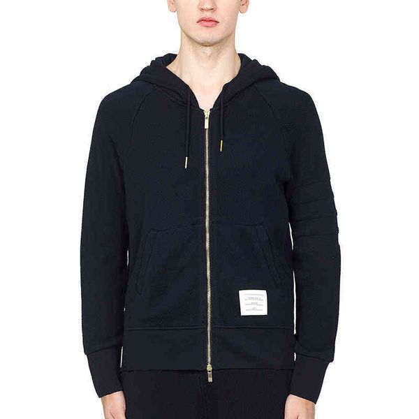 

tb 2021 thom fashion brand hooded clothing solid cotton jacket men spring autumn sweatshirts hoodies male casual sportswear coat, Black