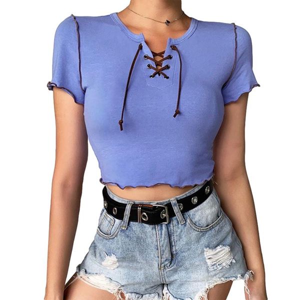 

women's t-shirt women fashion solid color bandage wavy slim fit exposed navel casual short sleeve purple 18-24 years old, White