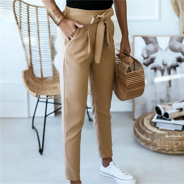 

women's pants & capris england style women summer solid color pencil bandage design pockets decor high waist slim hips trousers for str, Black;white