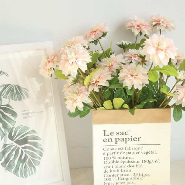 

artificial dahlia silk flower with leaves 2 heads 1 bud fake faux flowers bouquet floral wedding bridal home garden decoration decorative &