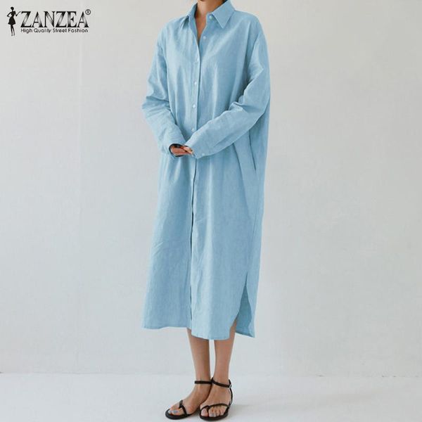 

casual dresses women's shirt sundress zanzea 2021 stylish autumn dress long sleeve mid-calf vestidos female button robe plus size 5xl, Black;gray