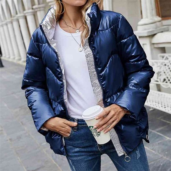 

winter coat women autumn 's padded jacket thickened stand collar loose bright face short 210508, Black
