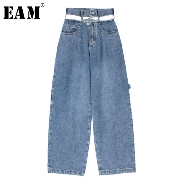 

[eam] high waist blue denim hollow out wide leg long trousers new loose fit pants women fashion tide spring autumn 1x543 210319, Black;white