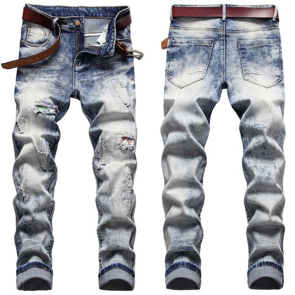 

2021 mens slim-fit elastic washed denim pants,ripped&distressed patched blue jeans,cool&stylish,youth fashion must; x0621