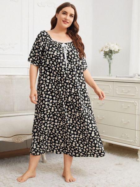 

plus lace trim tie front daisy floral nightdress g7dv#, Black;white