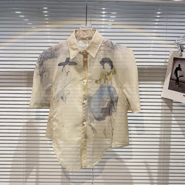 

women's blouses & shirts ancient figure ink painting sunscreen women 2021 summer fashion short sleeve tulle shirt, White
