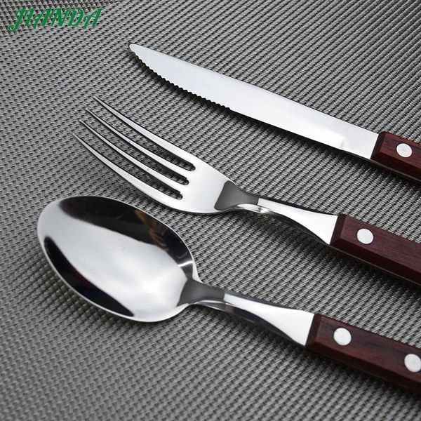 

stainless steel cutlery sets steak knife & forks dinner spoon flatware with wooden handle modern tableware