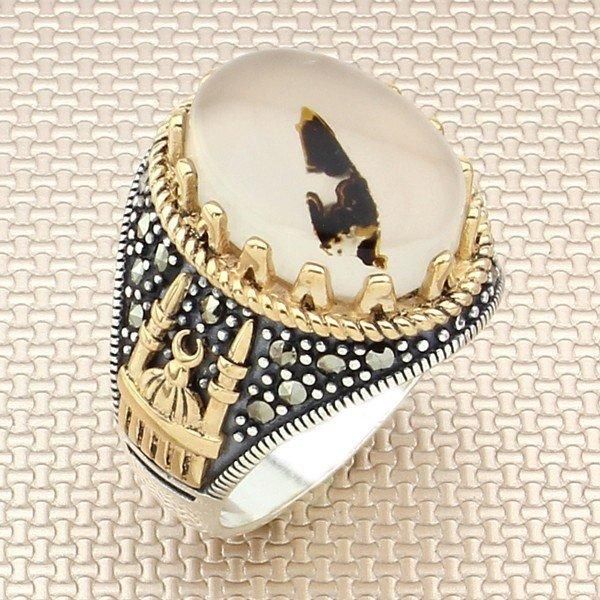 

cluster rings islamic men silver ring vintage bronz color mosque big heavy oval yemen agate stone solid 925 sterling, Golden;silver