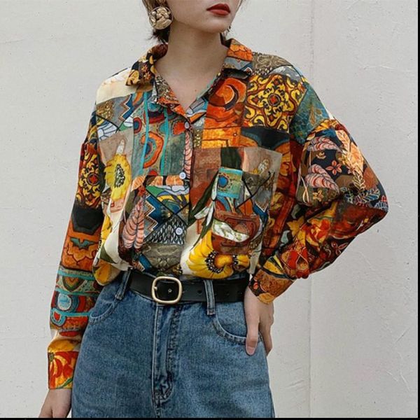

retro sunflower print oil womens shirts painting design girl loose lapel and blouses spring female blous, White