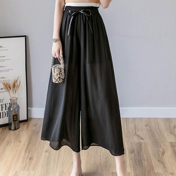 

women's pants & capris summer women wide leg pant casual loose chiffon trousers ladies boho beach high elastic waist pantalon femme str, Black;white