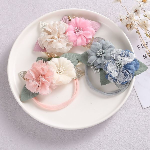 

15774 europe baby girls floals headband kids flowers crown pgraphy props hair band artificial flower nylon hairband accessory, Slivery;white