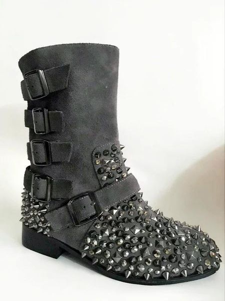 

boots woman metal rivet studded round toe ankle buckle belt suede leather women low heels slip on mujer shoes, Black