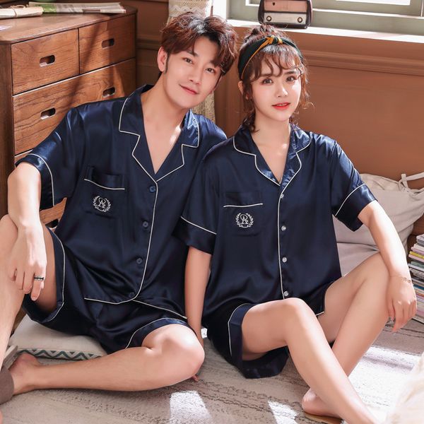 

couples lovers pajamas sets women short-sleeved summer pyjama loose men faux silk style couple pijama set sleepwear pants, Black;brown