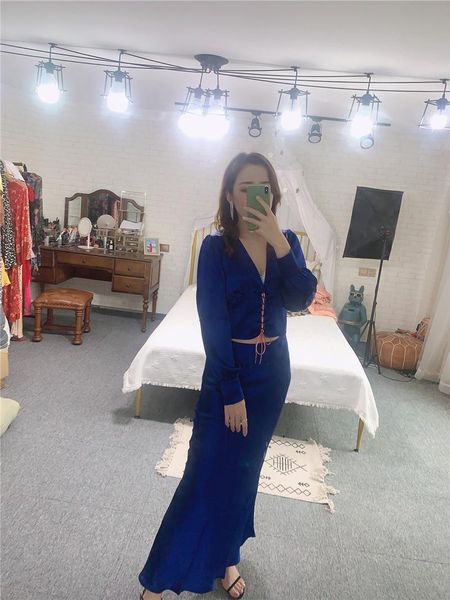 

two piece dress 2021 summer silk temperament drawstring long sleeve v-neck shirt +fishtail skirt suit, White