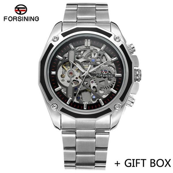 

forsining automatic mechanical men wristwatch military sport male clock brand luxury stainless steel skeleton man watch 8130 lj201124 wristw, Slivery;brown
