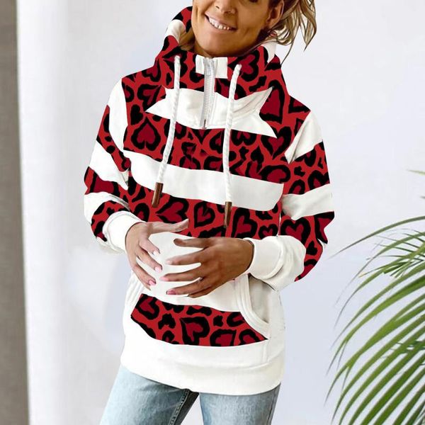 

women's hoodies & sweatshirts zipper turtleneck hoodie women autumn leopard printed stitching long sleeve hooded pocket pullover plus, Black