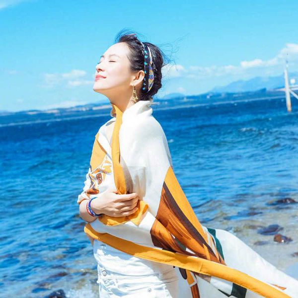 

wife's romantic trip shawl women's versatile seaside summer korean beach towel silk scarf with sunscreen outside, Blue;gray