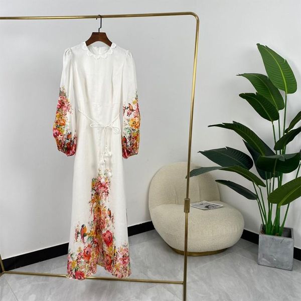 

casual dresses 2021 summer women fashion white long lantern sleeve colorful floral print ankle-length linen, Black;gray