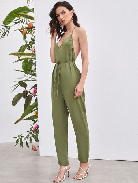 

tie front backless halter jumpsuit t5ai#, White