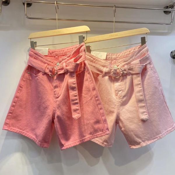 

women's jeans pink denim shorts for women summer high waist female students wide leg pants with belt nancylim, Blue