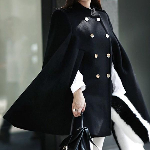 

women's wool & blends jsxdhk winter women cloak loose outerwear 2021 elegant double-breasted thicked warm shawl oversize woolen cape ov, Black