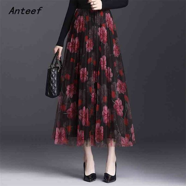 

mesh plus size vintage floral high waist pleated spring summer casual loose long for woman skirts womens skirt clothes 210517, Black