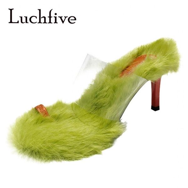 

slippers natural fur transparent pvc high heel mules shoes women, Black