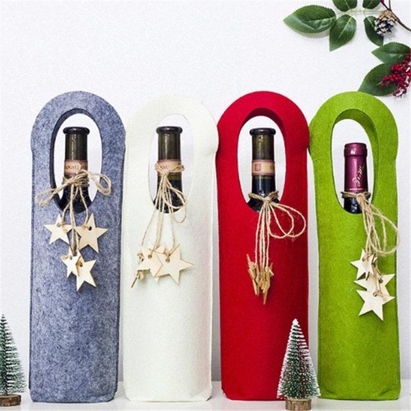 

christmas decorations unique pure colour wool felt wine bottle cover wiht star shape string champagne gift xmas party supplies 1pc