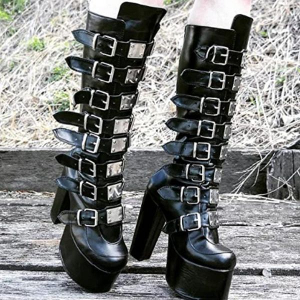 

boots ribetrini goth platform block high heels buckle mid calf women ziper thick heel cosplay black halloween shoes woman